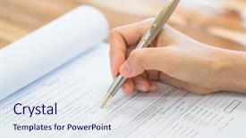  Presentation with agriculture application - Audience pleasing PPT layouts consisting of checkbox - hand with pen over application backdrop and a sky blue colored foreground