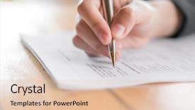  Presentation with recruitment application - Audience pleasing PPT theme consisting of checkbox - hand with pen over application backdrop and a lemonade colored foreground