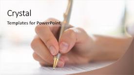  Presentation with application - Colorful slide deck enhanced with checkbox - hand with pen over application backdrop and a sky blue colored foreground