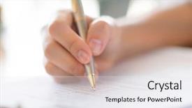  Presentation with application - PPT layouts featuring checkbox - hand with pen over application background and a white colored foreground