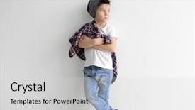  Presentation with distribution light - Cool new PPT theme with checker design - cute stylish boy near light backdrop and a light gray colored foreground