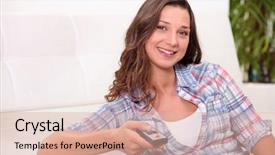  Presentation with television viewers - Colorful PPT theme enhanced with checker wavy - young woman watching television backdrop and a  colored foreground