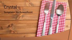  Presentation with table napkin - Colorful presentation theme enhanced with checkerboard - table setting with silver cutlery backdrop and a coral colored foreground