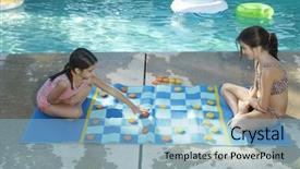  Presentation with draughts - Audience pleasing PPT theme consisting of checkerboard - two girls playing large draughts backdrop and a light blue colored foreground