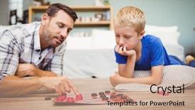  Presentation with father - Presentation theme enhanced with checkered - close-up of father and son background and a coral colored foreground