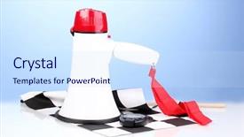  Presentation with checkered flag - Presentation design featuring checkered finish flag and megaphone background and a sky blue colored foreground