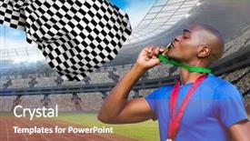  Presentation with gold medal - Cool new PPT layouts with checkered flag - composite image of athlete kissing backdrop and a tawny brown colored foreground