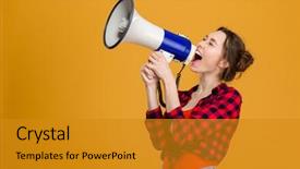  Presentation with funny - Slide set with checkered shirt shouting in megaphone background and a gold colored foreground