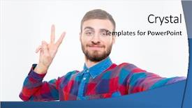  Presentation with positive and motivated - PPT layouts featuring checkered shirt showing victory sign background and a sky blue colored foreground