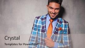  Presentation with blue orange - Slide deck with checkered suit and orange background and a light gray colored foreground