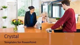  Presentation with hospitality hotel reception female receptionist - Amazing presentation having checkin - man with luggage looking backdrop and a red colored foreground