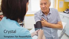  Presentation with blood pressure - Cool new PPT layouts with checking blood pressure of patient backdrop and a light blue colored foreground