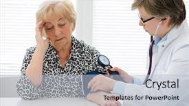  Presentation with doctor helps to get out of bed an elderly woman - Beautiful presentation design featuring checking elderly womans blood pressure backdrop and a light blue colored foreground