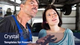  Presentation with female mechanic - Audience pleasing slide deck consisting of checking every detail for defects backdrop and a navy blue colored foreground