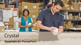  Presentation with production line - Presentation theme featuring checking goods on production line background and a soft green colored foreground