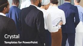  Presentation with diverse business people - Colorful slide deck enhanced with checking in at conference registration backdrop and a dark gray colored foreground