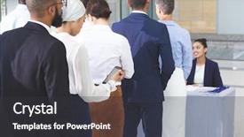  Presentation with diverse business people - PPT layouts enhanced with checking in at conference registration background and a dark gray colored foreground
