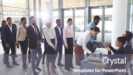  Presentation with registration - Beautiful slide deck featuring checking in at conference registration backdrop and a gray colored foreground