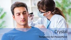  Presentation with medical ear - PPT theme consisting of checking patients ear during medical background and a teal colored foreground