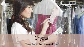  Presentation with young woman - Colorful presentation enhanced with checking receipts of dry clean backdrop and a soft green colored foreground