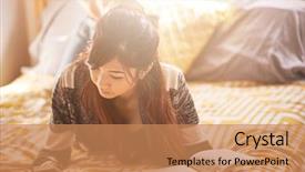  Presentation with teen - Presentation design featuring checking smartphone while reading book background and a coral colored foreground