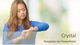  Presentation with arabian woman wearing hijab muslim - PPT theme consisting of checking the time on wrist background and a  colored foreground