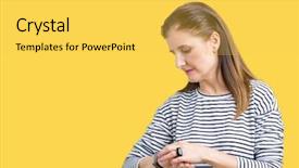  Presentation with black women beautiful woman - Audience pleasing PPT theme consisting of checking the time on wrist backdrop and a  colored foreground