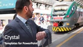  Presentation with man on train - Colorful presentation theme enhanced with checking time in a train backdrop and a dark gray colored foreground