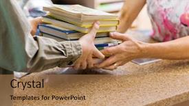  Presentation with researching from books or library - Slide set consisting of checkout counter in library background and a coral colored foreground