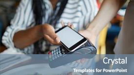  Presentation with electronic - Theme enhanced with checkout machines - waiter of cafe holding electronic background and a seafoam green colored foreground