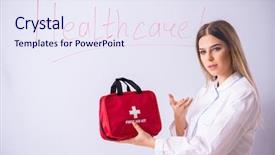  Presentation with hospital safety - Presentation design with checks safety hospital - young female doctor standing background and a sky blue colored foreground