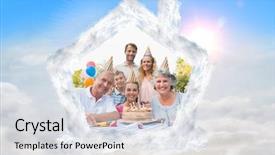  Presentation with birthday party - Slides featuring cheeful family smiling at camera at birthday party against blue sky with white clouds background and a sky blue colored foreground
