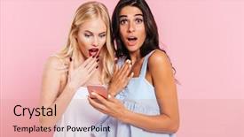  Presentation with smartphone - PPT layouts consisting of cheeky - surprised beautiful female friends background and a coral colored foreground
