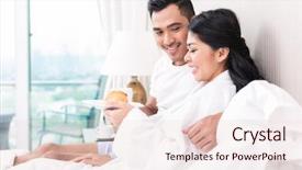  Presentation with good morning couple bed - Audience pleasing presentation theme consisting of cheer up - asian couple lounging in bed backdrop and a lemonade colored foreground