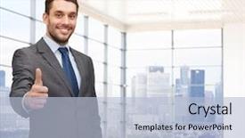  Presentation with office room - Slide deck with cheer up - business people and office concept background and a light blue colored foreground