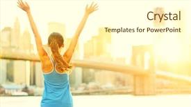  Presentation with brooklyn bridge - Slide deck enhanced with cheer up - happy cheering woman in new background and a cream colored foreground