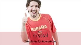  Presentation with spanish tapas and wine - Slide set with cheer up - happy spanish man supporter isolated background and a  colored foreground