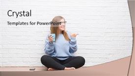  Presentation with white brick wall - Audience pleasing presentation theme consisting of cheer up - young adult woman sitting backdrop and a white colored foreground