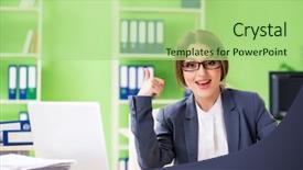  Presentation with paperwork - Amazing slide deck having cheer up - young female employee very busy backdrop and a mint green colored foreground