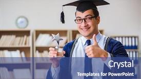  Presentation with university - Slide set having cheer up - young man graduating from university background and a ocean colored foreground