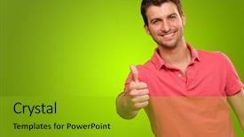  Presentation with green - Amazing slide set having cheer up - young man smiling with thumbs backdrop and a gold colored foreground
