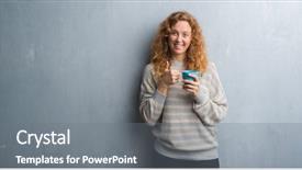  Presentation with coffee cup - Amazing PPT layouts having cheer up - young redhead woman over grey backdrop and a gray colored foreground