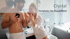  Presentation with teeth - Slide deck having cheerfu-couple-brushing-teeth-together background and a sky blue colored foreground