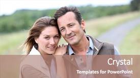  Presentation with old couple walking - PPT theme having cheerful 40-year-old couple walking in countryside background and a coral colored foreground