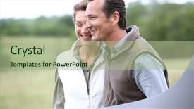  Presentation with old couple walking - Colorful presentation theme enhanced with cheerful 40-year-old couple walking in countryside backdrop and a mint green colored foreground