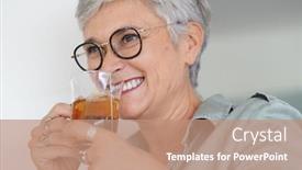 Presentation with hot tea - Slide set with cheerful-50-year-woman-drinking background and a coral colored foreground