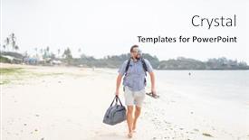  Presentation with beach bag - Amazing PPT theme having cheerful-adult-man-with-bag backdrop and a cool aqua colored foreground
