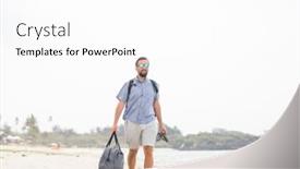  Presentation with beach bag - Beautiful PPT theme featuring cheerful-adult-man-with-bag backdrop and a white colored foreground