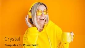  Presentation with yellow music - PPT theme having cheerful-adult-woman-girl background and a light gray colored foreground