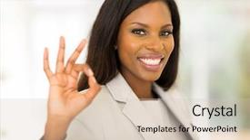  Presentation with elementary school african american female career - Presentation theme consisting of cheerful african american businesswoman giving background and a soft green colored foreground